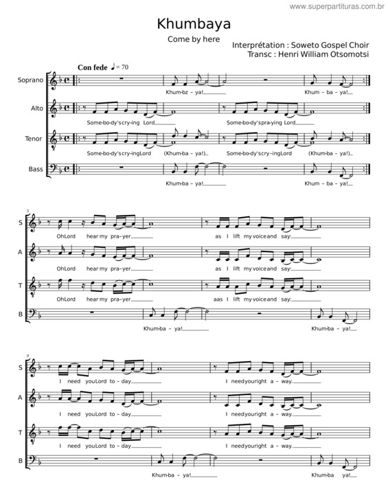 Partitura da música Khumbaya – Soweto Gospel Choir