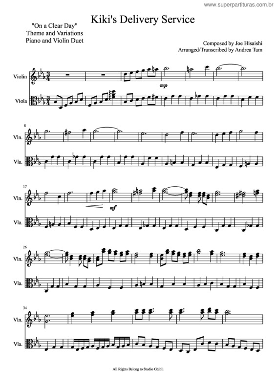 Partitura da música Kiki`S Delivery Service – Joe Hisaishi