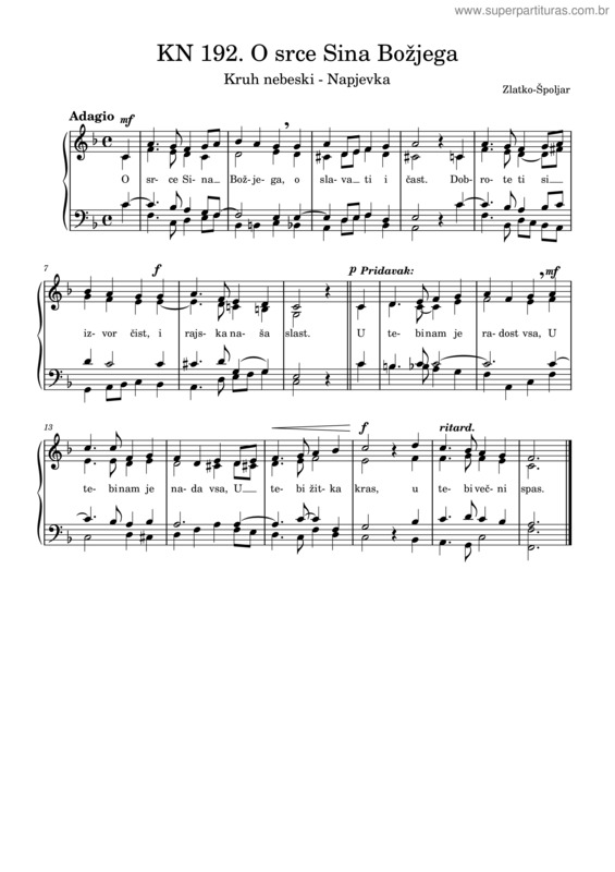 Partitura da música Kn 192. O Srce Sina Božjega – Kruh Nebeski – Napjevka