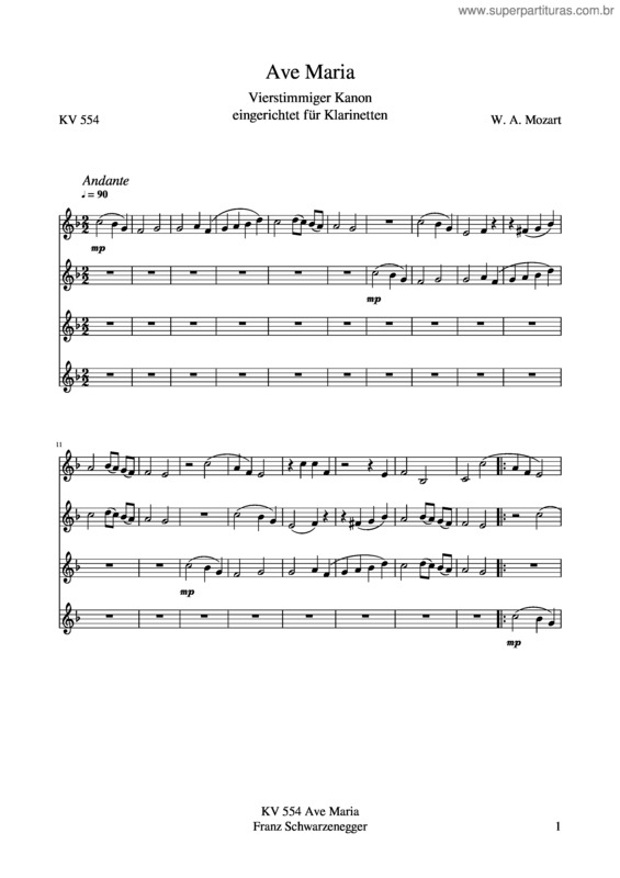 Partitura da música Kv 554  Ave Maria