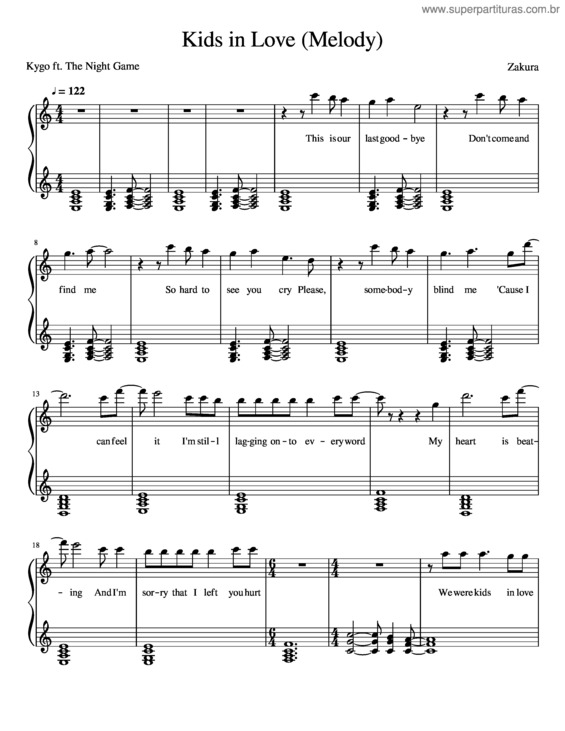 Partitura da música Kygo Ft. The Night Game – Kids In Love