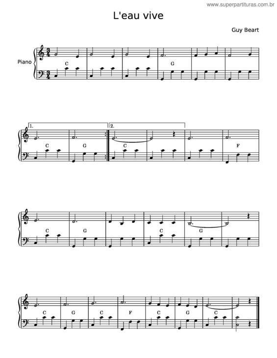 Partitura da música L`Eau Vive – Guy Beart v.4