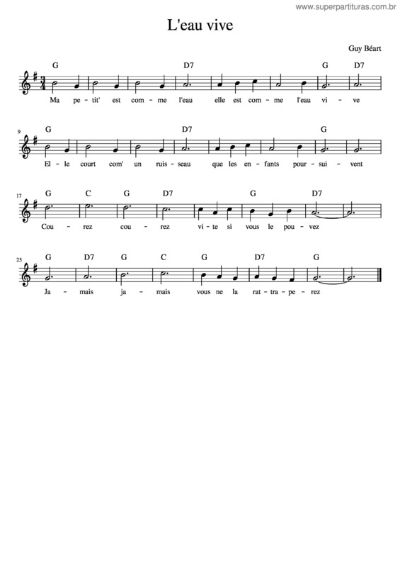 Partitura da música L`Eau Vive – Guy Beart