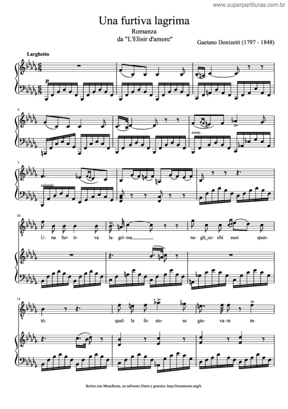 Partitura da música L`Elisir D`Amore, Una Furtiva Lagrima