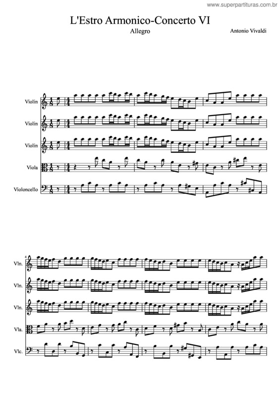 Partitura da música L`Estro Armonico–Concerto Vi