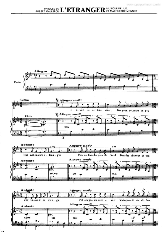 Partitura da música L`Etranger