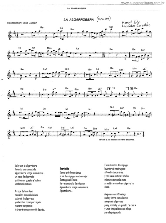 Partitura da música La Algarrobera