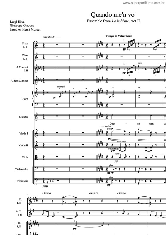 Partitura da música La Boheme Quando Me`N Vo