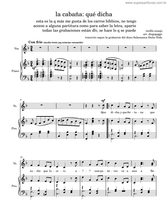 Partitura da música La Cabaña