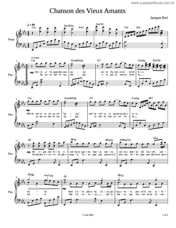 Partitura da música La Chanson Des Vieux Amants – Jacques Brel