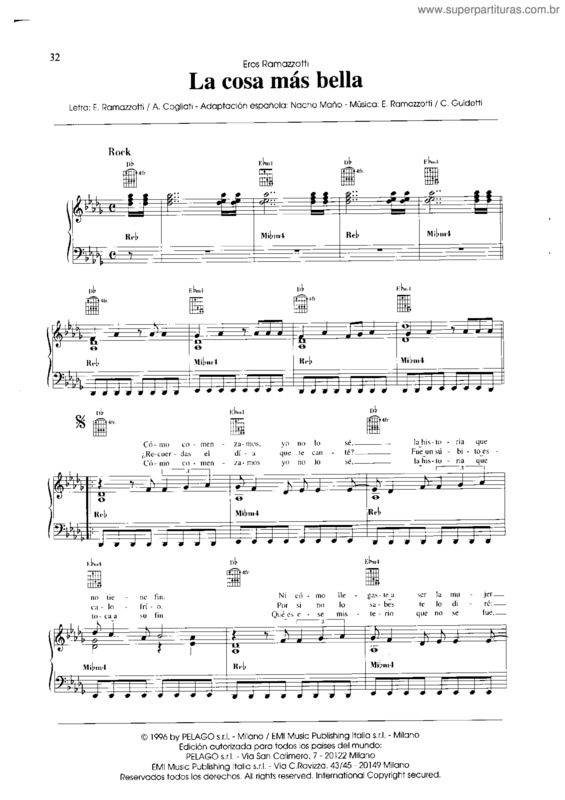 Partitura da música La Cosa Mas Bella