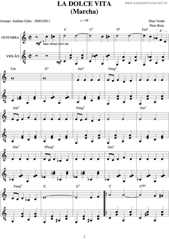 Partitura da música La Dolce Vita