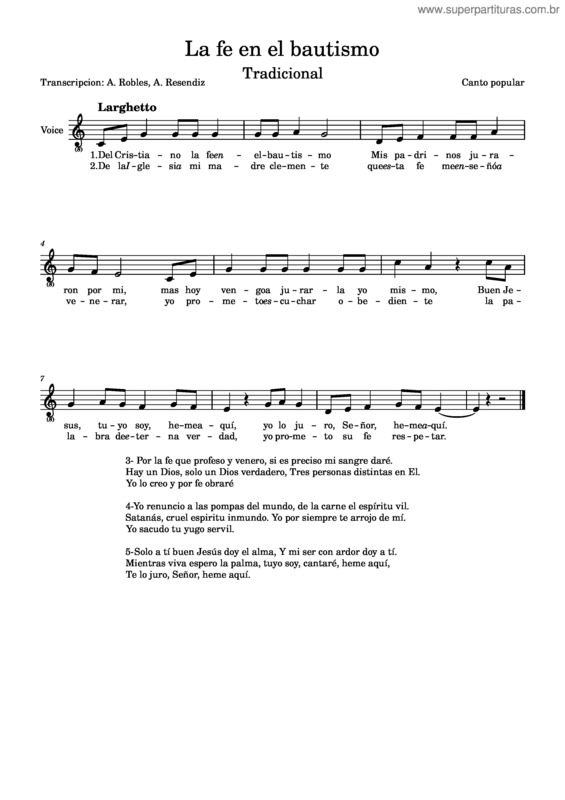 Partitura da música La Fe En El Bautismo