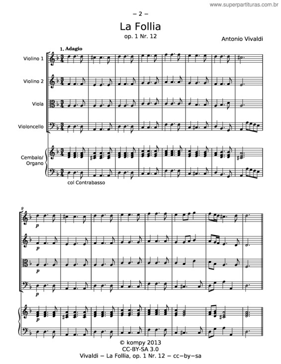 Partitura da música La Follia From Sonata Op.1 No 12/Rv 63 – Antonio Vivaldi