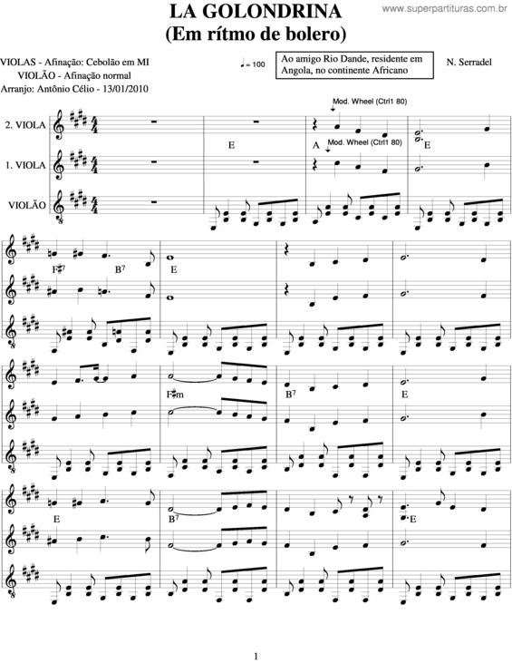 Partitura da música La Golondrina