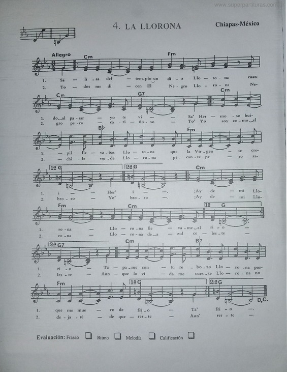 Partitura da música La Llorona