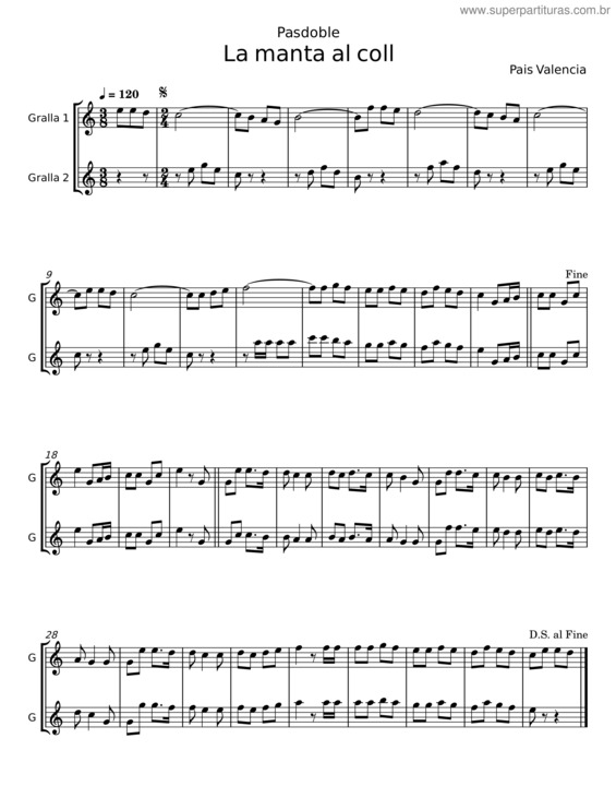 Partitura da música La Manta Al Coll – País Valencià