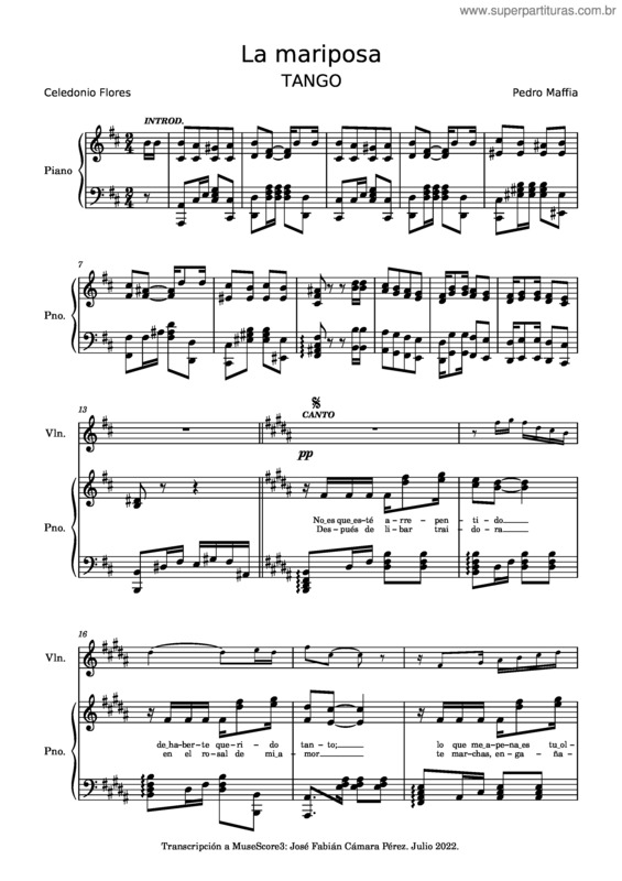 Partitura da música La Mariposa – Pedro Maffia