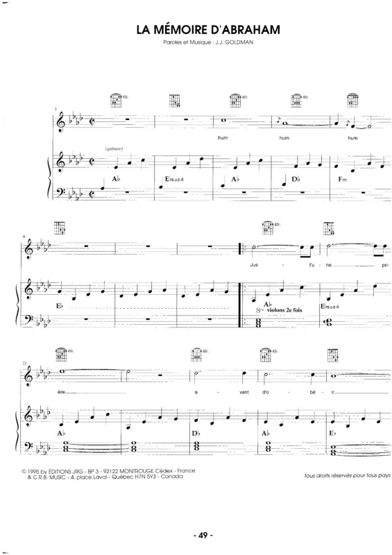 Partitura da música La Mémoire D`Abraham