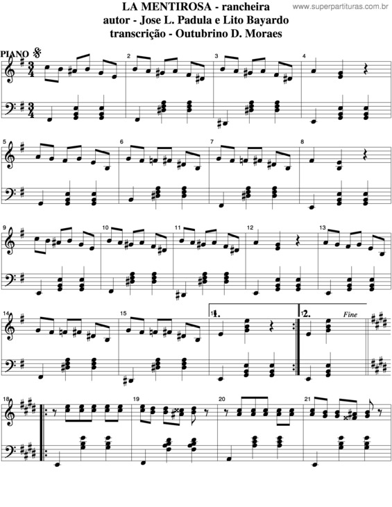 Partitura da música La Mentirosa