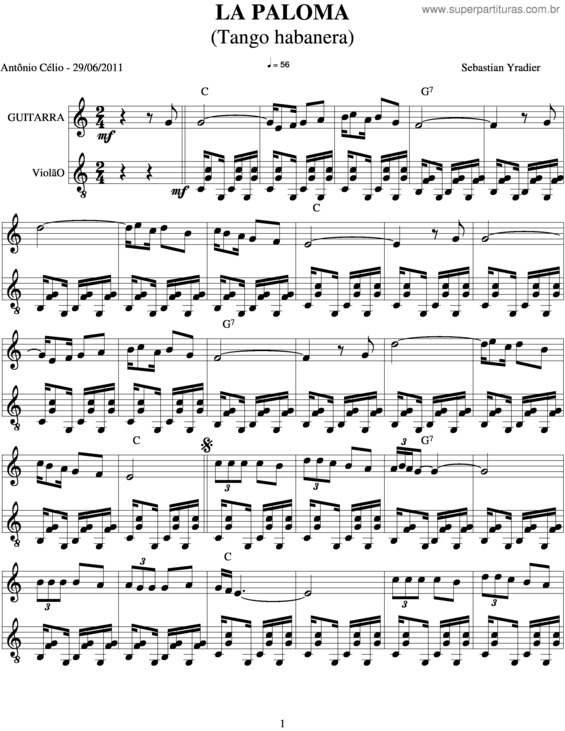 Partitura da música La Paloma v.13