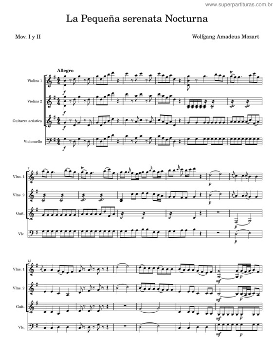 Partitura da música La Pequeña Serenata Nocturna – Wolfgang Amadeus Mozart