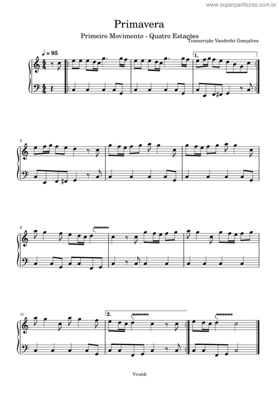 Partitura da música La Primavera – Antonio Vivaldi Primavera – Antonio Vivaldi – Piano Iniciante