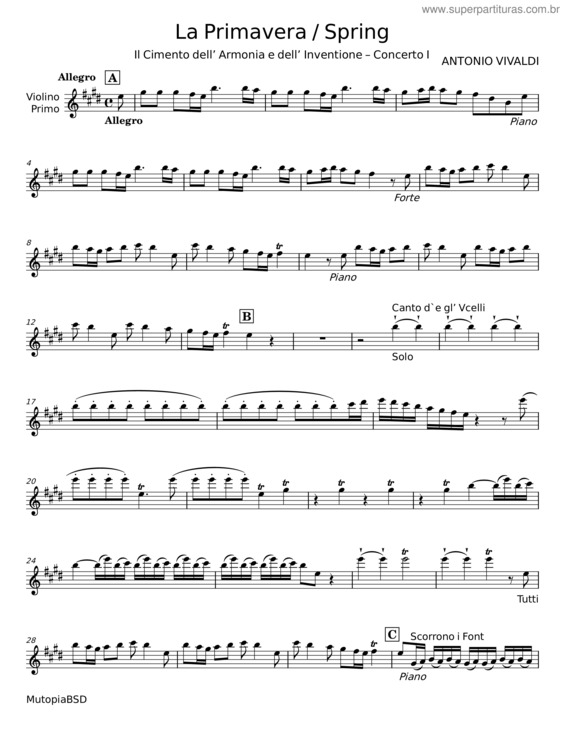 Partitura da música La Primavera – Antonio Vivaldi v.4