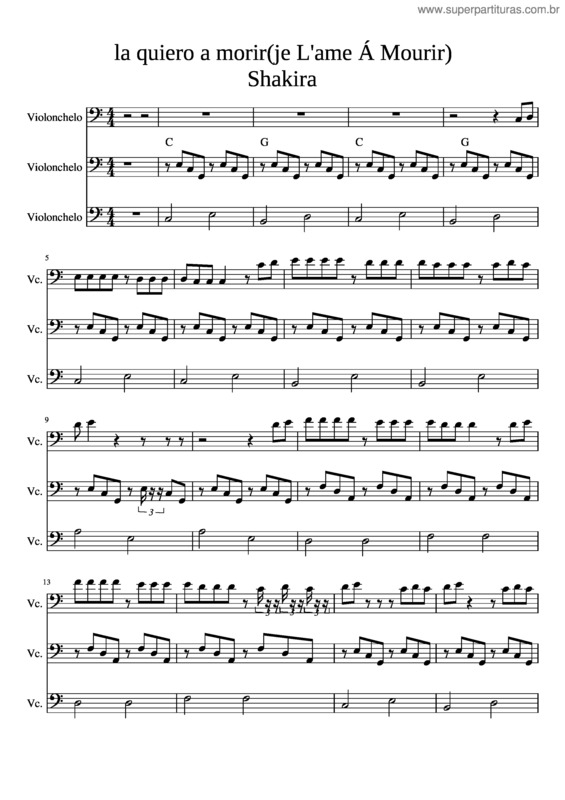 Partitura da música La Quiero A Morir / Je L Aime A Mourir Shakira Para 3 Cellos