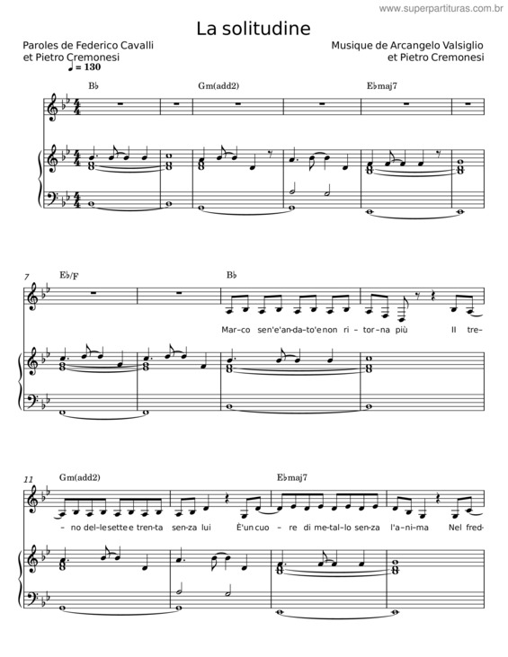 Partitura da música La Solitudine – Federico Cavalli;Pietro Cremonesi;Arcangelo Valsiglio