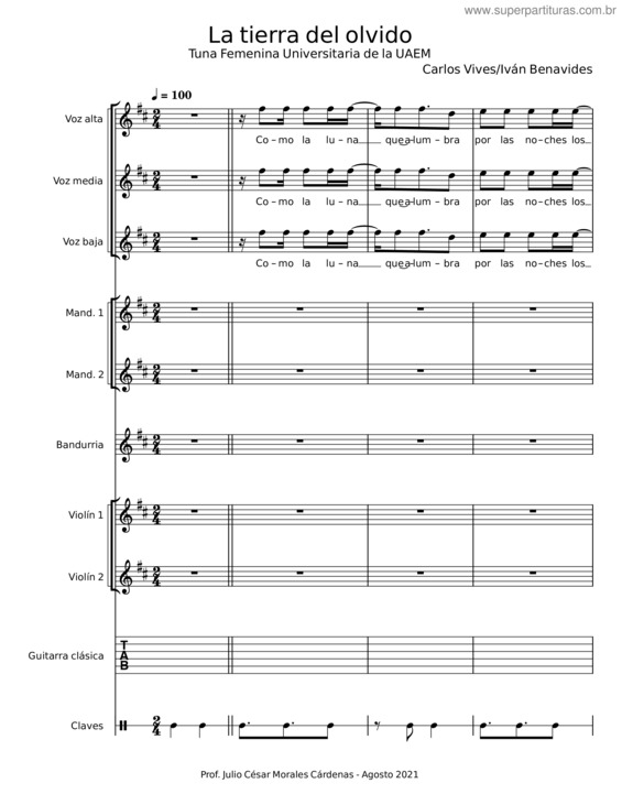 Partitura da música La Tierra Del Olvido – Carlos Vives