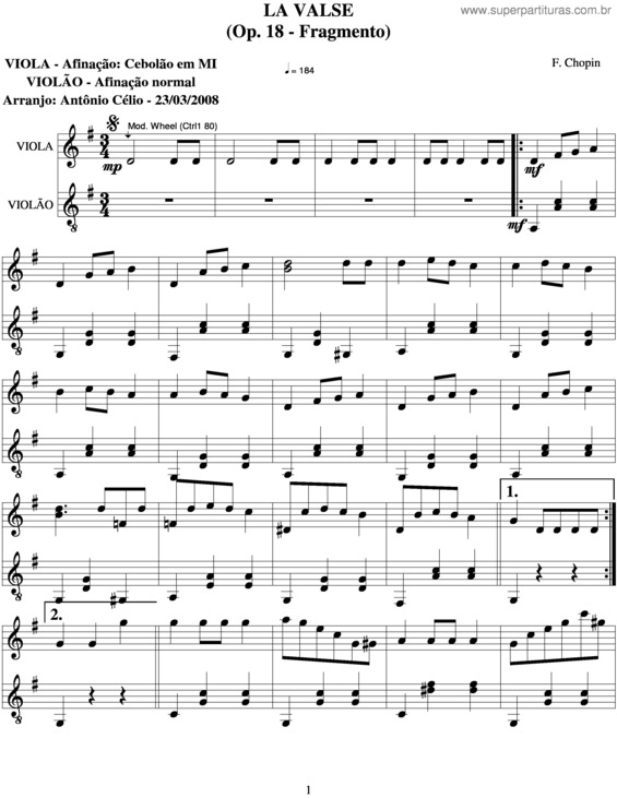 Partitura da música La Valse