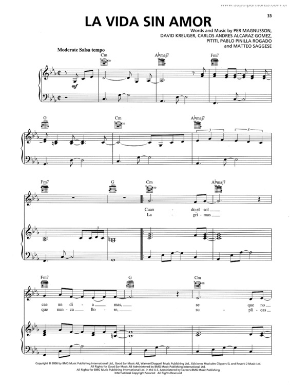 Partitura da música La Vida Sin Amor