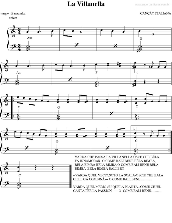 Partitura da música La Villanella (Canção Italiana)