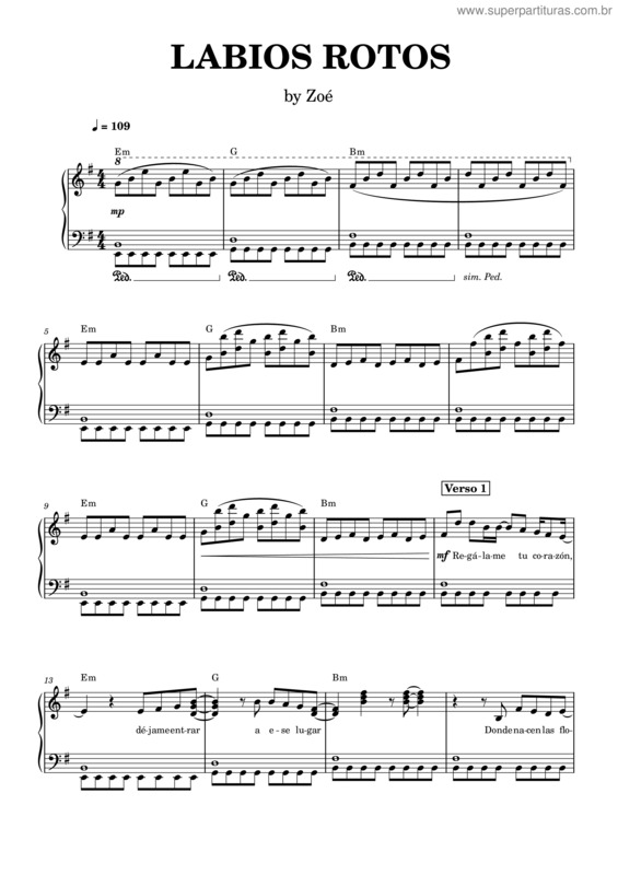 Partitura da música Labios Rotos – Zoé v.3