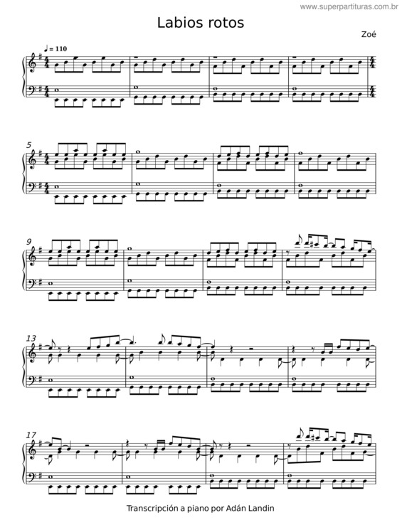 Partitura da música Labios Rotos – Zoé
