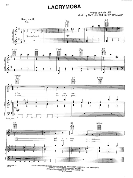 Partitura da música Lacrymosa