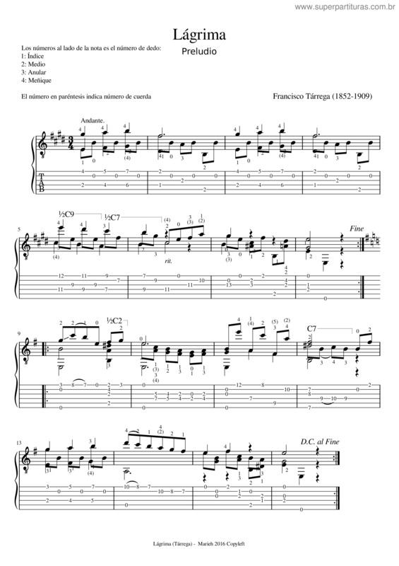 Partitura da música Lágrima – Francisco Tárrega v.10