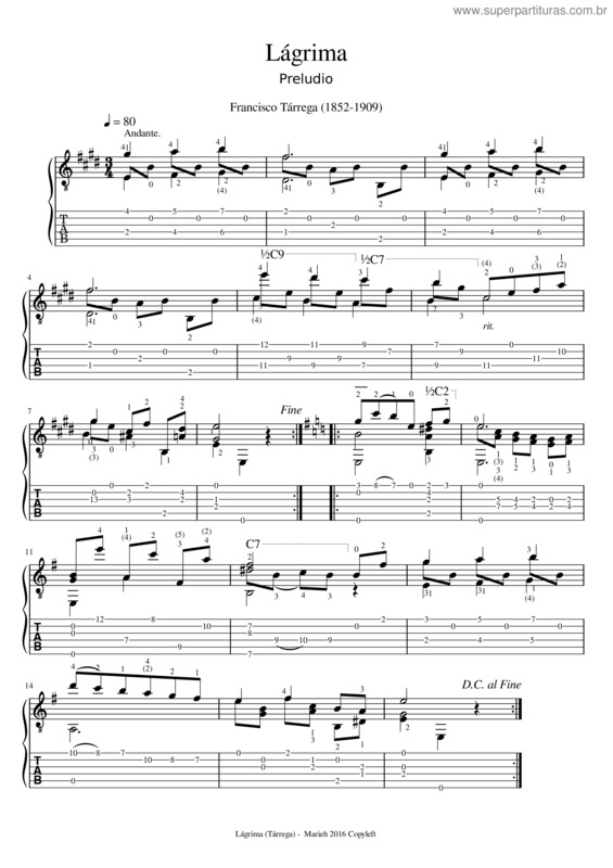 Partitura da música Lágrima – Francisco Tárrega v.12