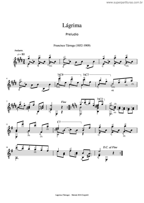 Partitura da música Lágrima – Francisco Tárrega v.3