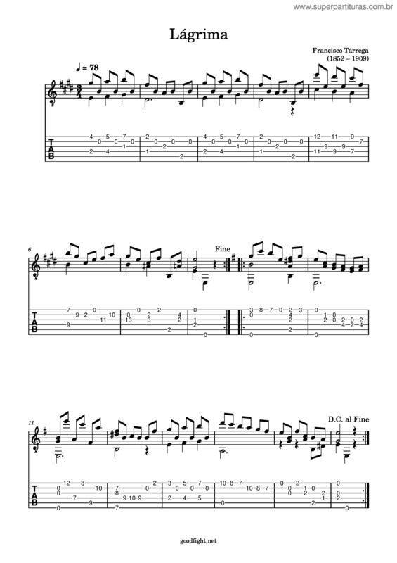 Partitura da música Lagrima – Francisco Tárrega v.4
