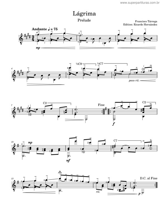 Partitura da música Lagrima – Francisco Tárrega v.5