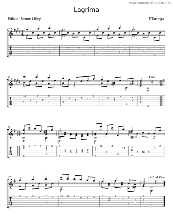 Partitura da música Lagrima – Francisco Tárrega v.9