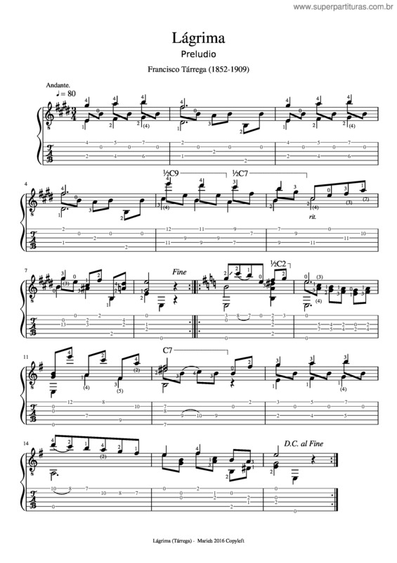Partitura da música Lágrima – Francisco Tárrega