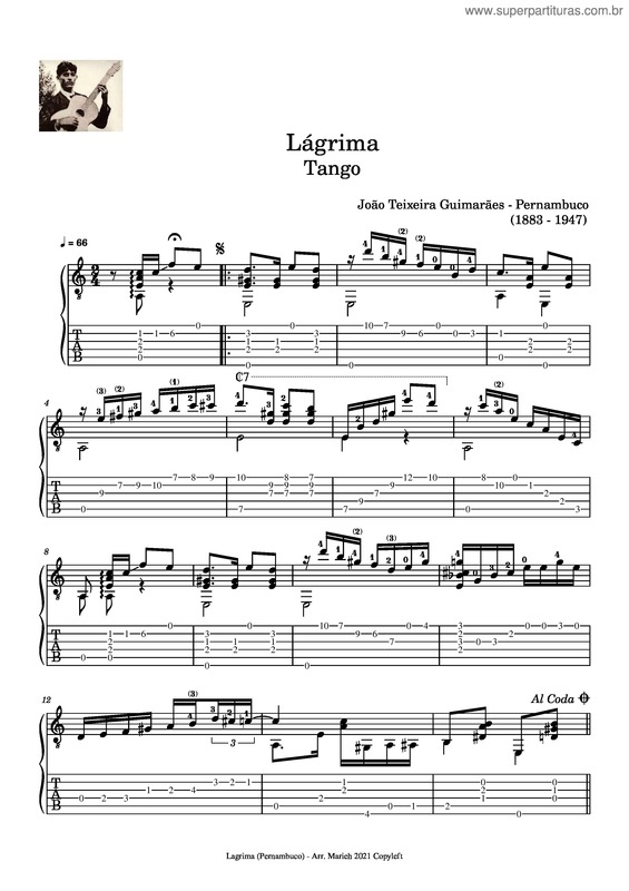 Partitura da música Lágrima – Tango – João Teixeira Guimarães – Tablature