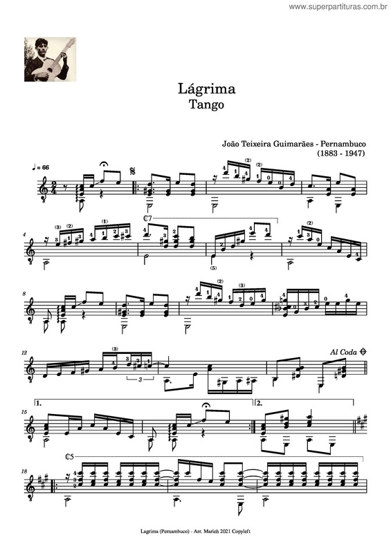 Partitura da música Lágrima – Tango – João Teixeira Guimarães