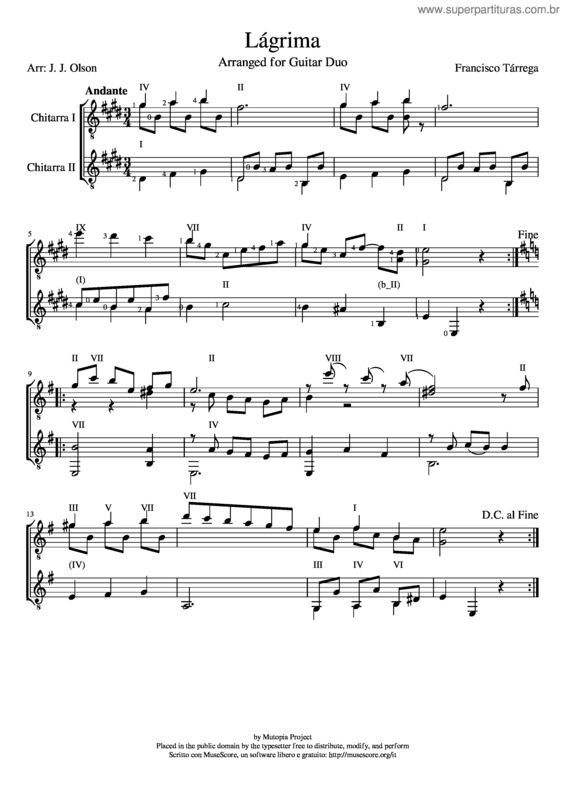 Partitura da música Lágrima – Tárrega, Francisco