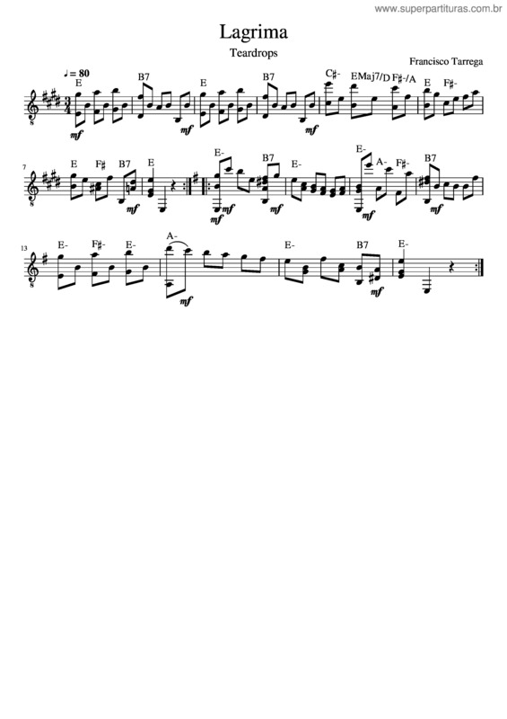 Partitura da música Lágrima – Tárrega v.2