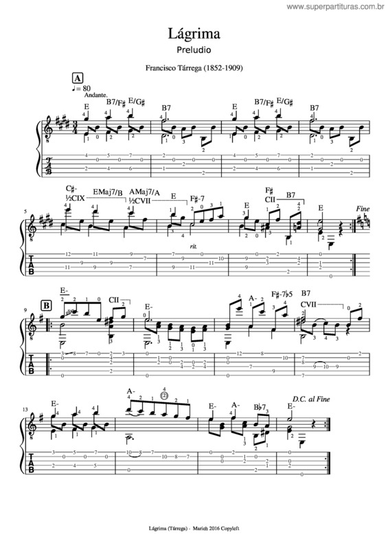 Partitura da música Lágrima – Tárrega
