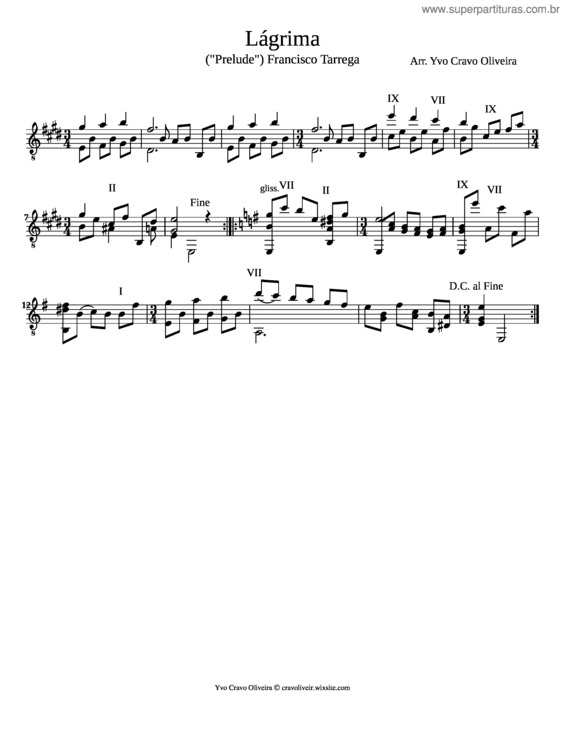 Partitura da música Lágrima De F.Tárrega